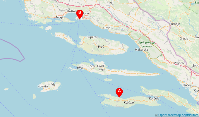 Map of ferry route between Prigradica and Split